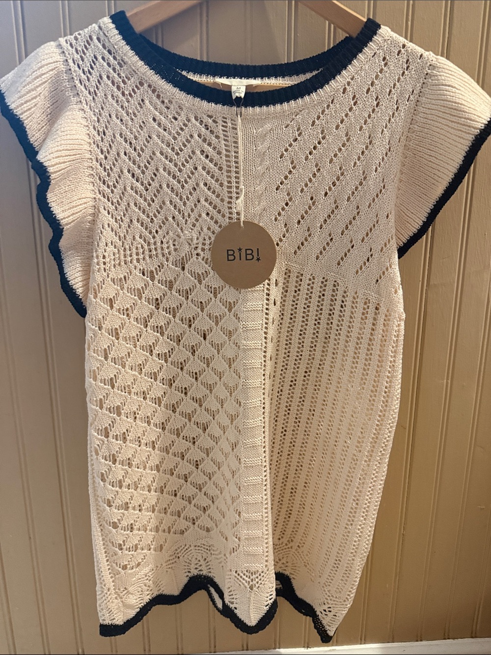 BiBi Cream Open-Knit Short Sleeve Sweater with Black Trim Accents
